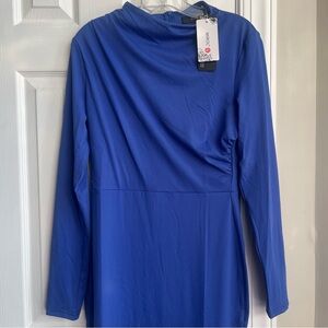 Mirol Long Sleeve Maxi Dress Mock Neck Slit Ruched Womens Medium Blue Stretchy
